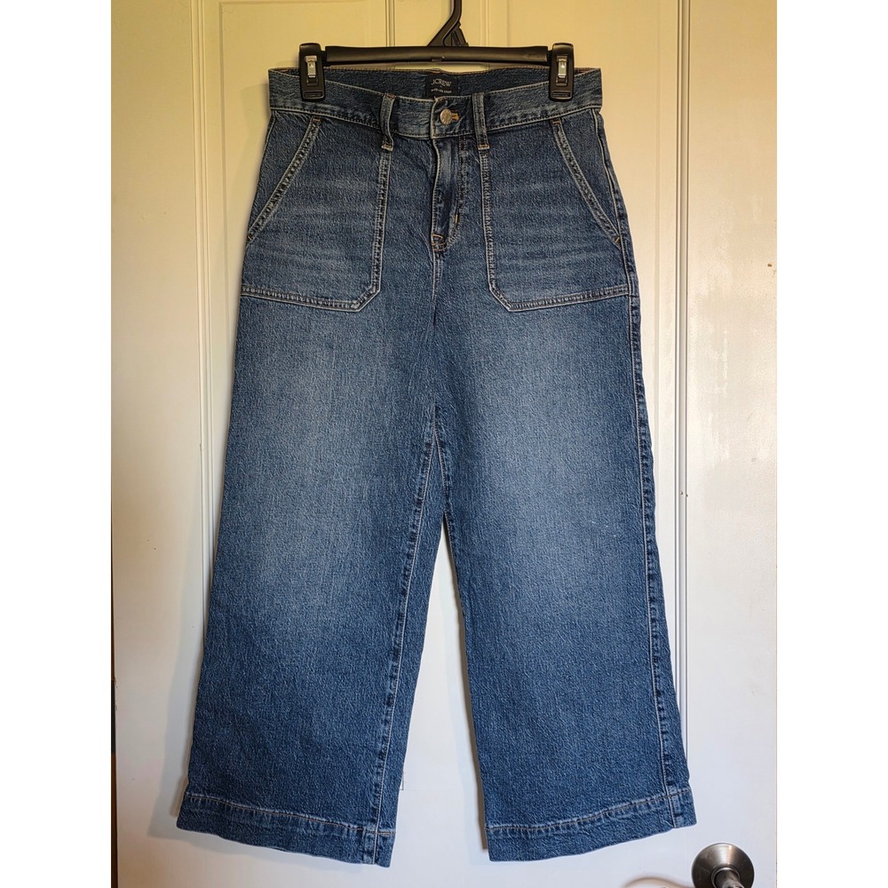 J.Crew Wide Leg Crop Jeans 26P Petite Blue Denim Patch Pocket High Rise Stretch